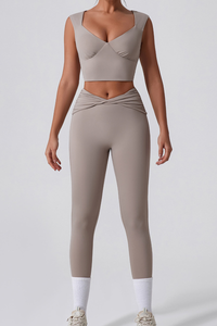 Women's Cropped Tank Top And Twist Cross Waist Leggings Set