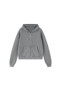 Women's Fall Vintage Washed Waffle Full Zip Up Hooded Jacket