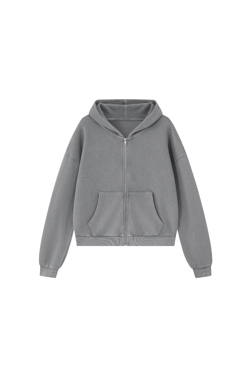 Women's Fall Vintage Washed Waffle Full Zip Up Hooded Jacket