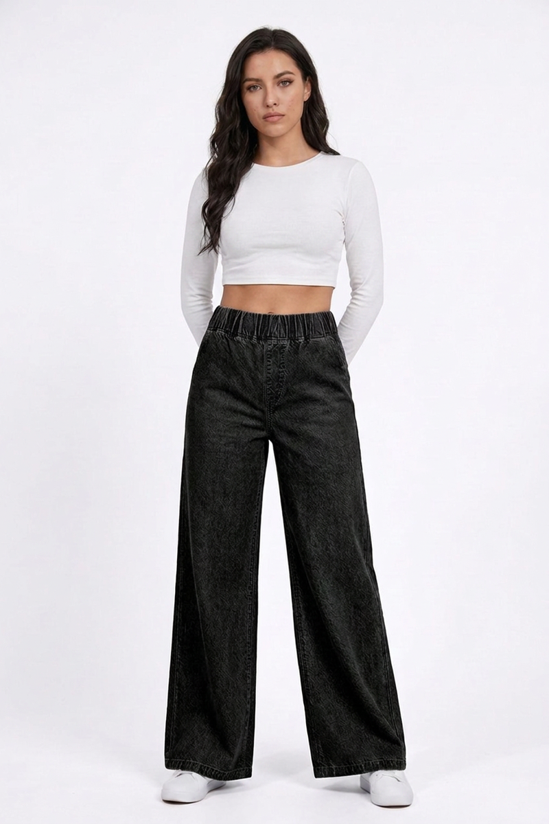 Women's  Elastic-Waist Relaxed Baggy Wide Leg Jeans