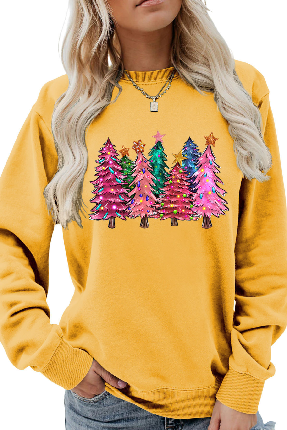 Women's Christmas Colorful Tree Print Crew Neck Sweatshirt