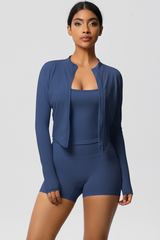 Women Tight Yoga Set:Brushed Sports Bra+ Zip Jacket + Shorts