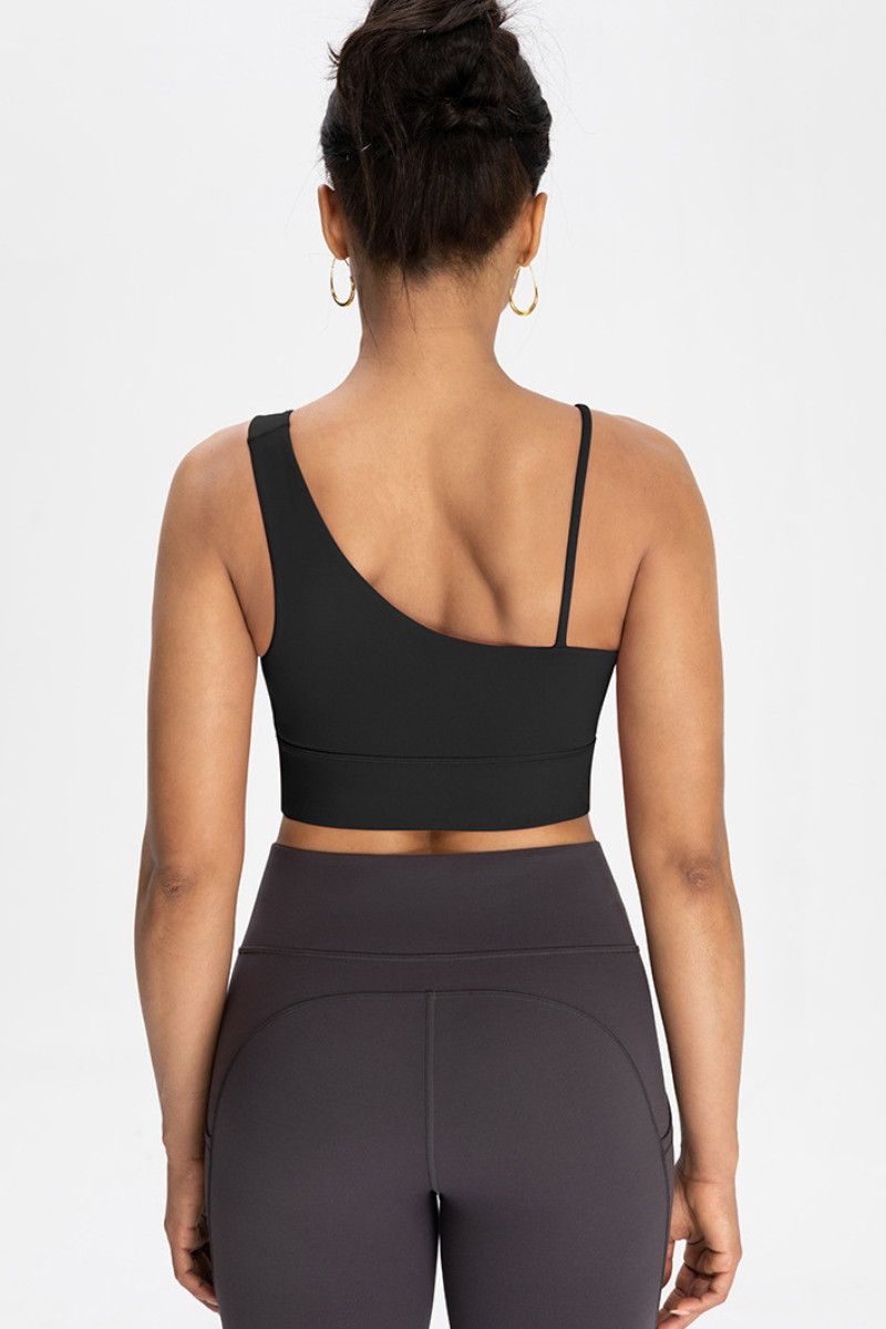 Bra with built-in chest padding and slanted shoulders