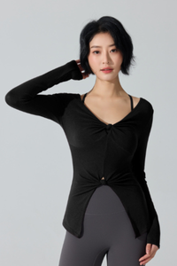 Women's Ribbed Double Twist Split V Neck Pilates Slim Fit Top