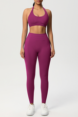 Women Seamless Knit Yoga Set: Halter Back Sports Bra + Sculpting Leggings