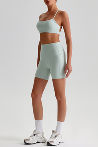 Women's Bare Feel Cross Back Bra & Side Pocket Shorts Set