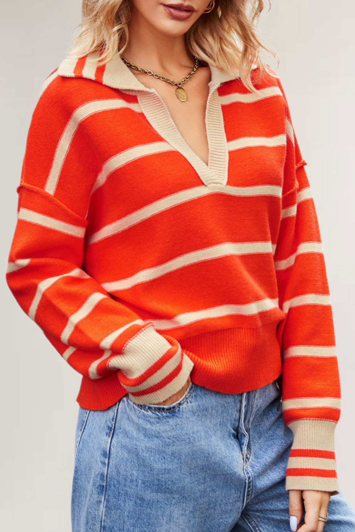 Women's Contrast Stripe Collared V Neck Knit Sweater