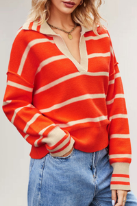 Women's Contrast Stripe Collared V Neck Knit Sweater
