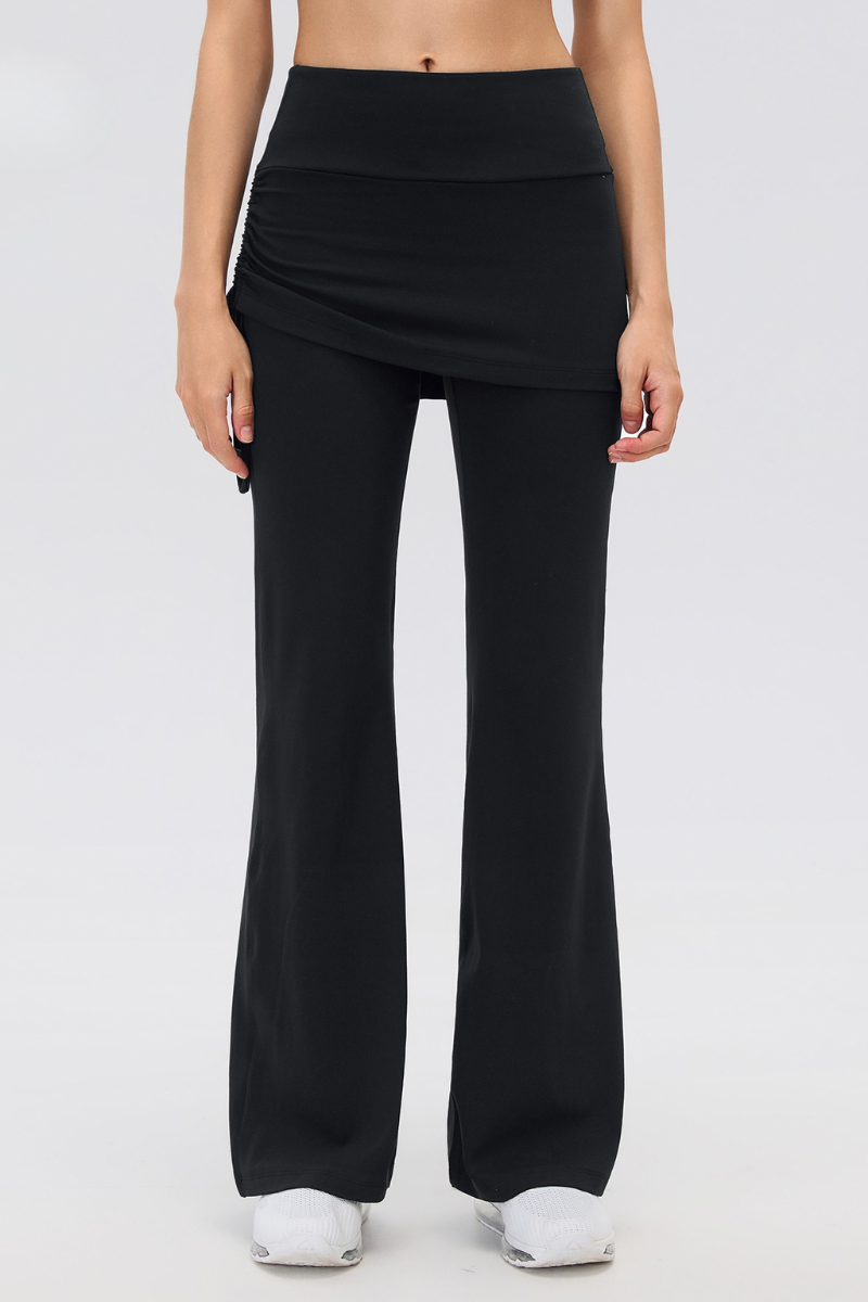 Women's Fake 2-Piece Skort Overlay Ruched Flare Yoga Pants