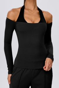 Women's Off Shoulder Breathable Ribbed Yoga Long Sleeve Top