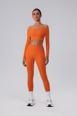 Women's Scalloped Off-Shoulder Long Sleeve Top& Leggings Set