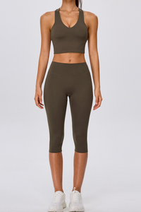 Women's V Neck Y Back Crop Tank & Capri Leggings Yoga Sets