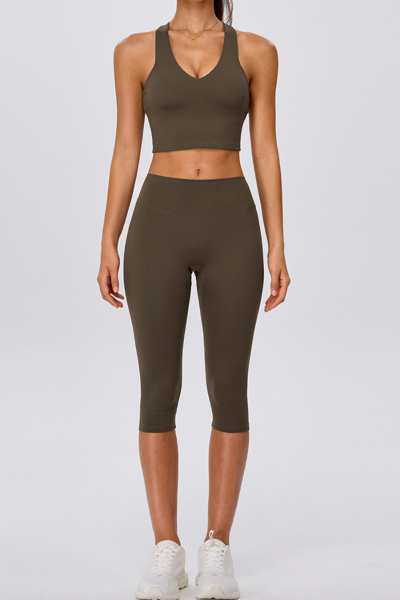 Women's V Neck Y Back Crop Tank & Capri Leggings Yoga Sets