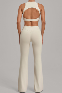 Women Cutout Back Cropped Tank Top & V waist Flare Pants Set