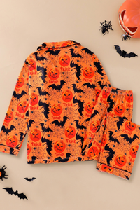 Women's Halloween Pumpkin Bat Spider Web Print Pajama Set