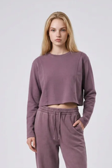 Women's 100% Cotton Washed Cropped Patchwork Cut Sweatshirt