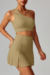 Women's Yoga Set:Sloping Shoulder Bandeau Bra And Skirt