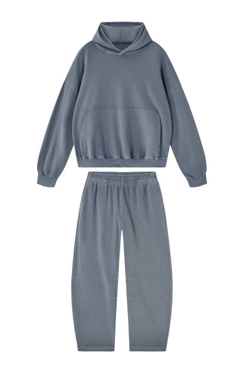 Unisex 100% Cotton Fall Washed Hoodie & Curved Sweatpant Set