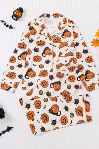 Women's Fall Halloween Pumpkin Black Cat Print Pajama Set