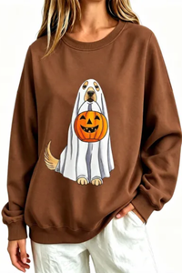 Women's Fall Ghost Dog Pumpkin Graphic Halloween Sweatshirt