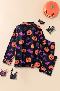 Women's Fall Halloween Pumpkin Bat Print Horror Pajama Set