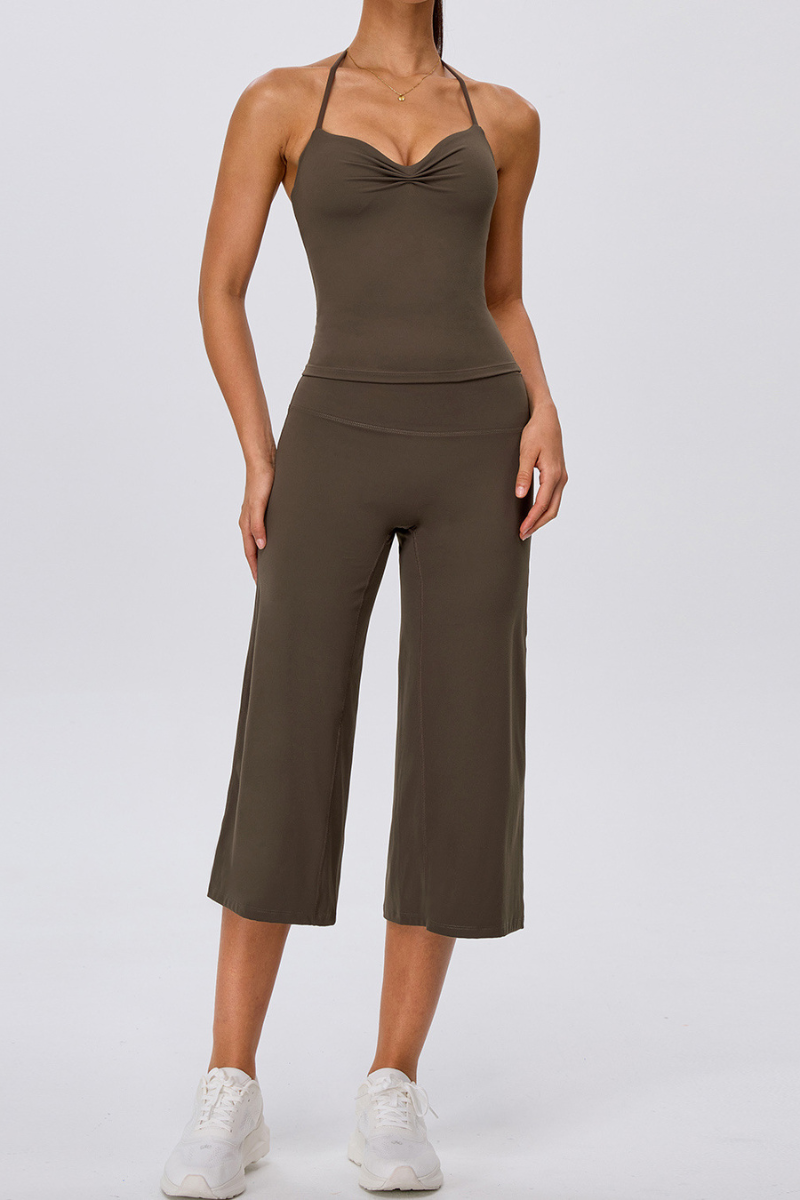Women's Yoga Sets:Halter Twist Tank Top &Wide Leg Capri Pant