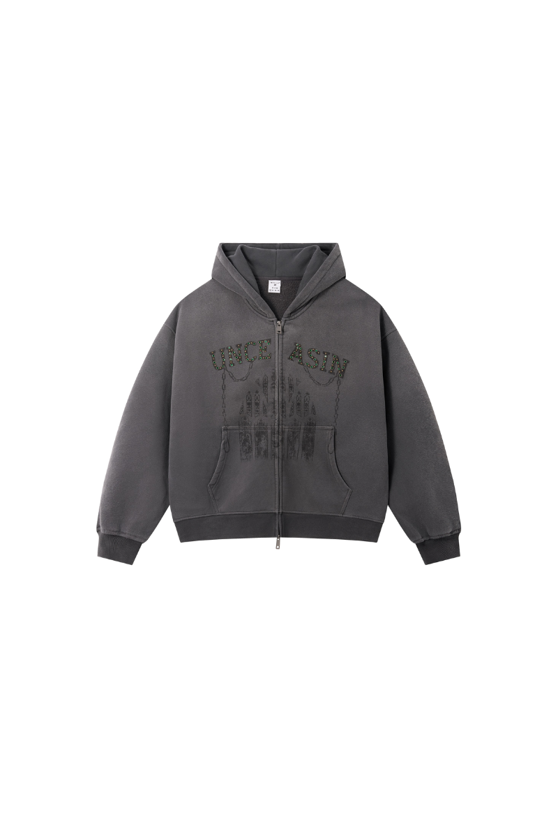 Men's Vintage Lettering Print With Rhinestone Fleece Jacket