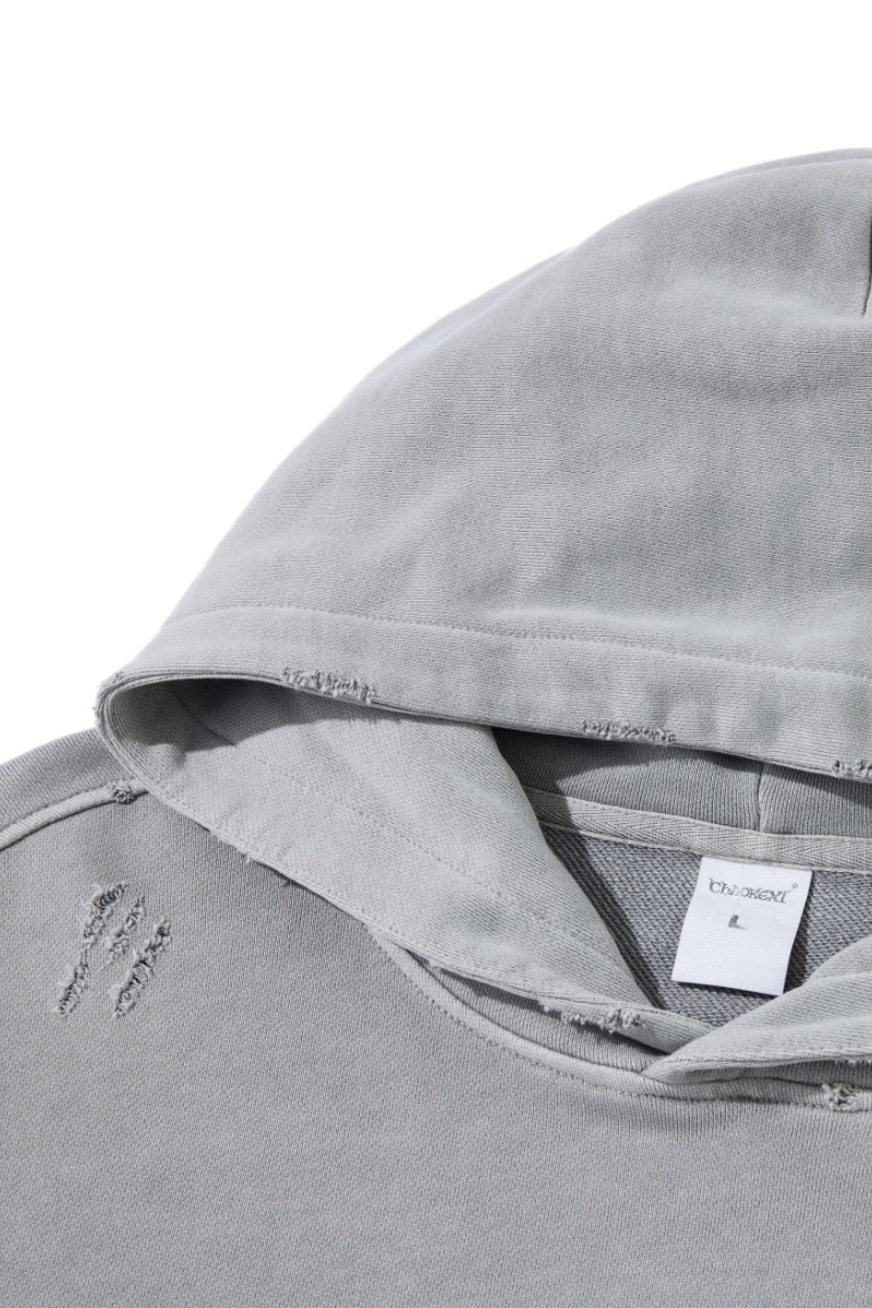Men's Fall Winter 100% Cotton Washed Frayed Hem Hoodie