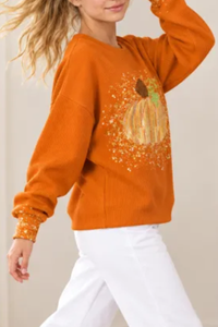Women's Fall Halloween Cute Pumpkin Glitter Print Pullover