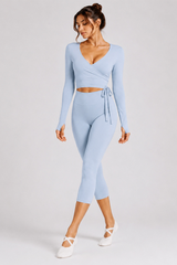 Women's Side Wrap Tie Long Sleeve Top And Capri Yoga Set