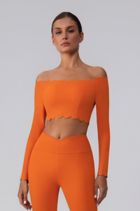 Women's Scalloped Off-Shoulder Cropped Long-Sleeve Sport Top