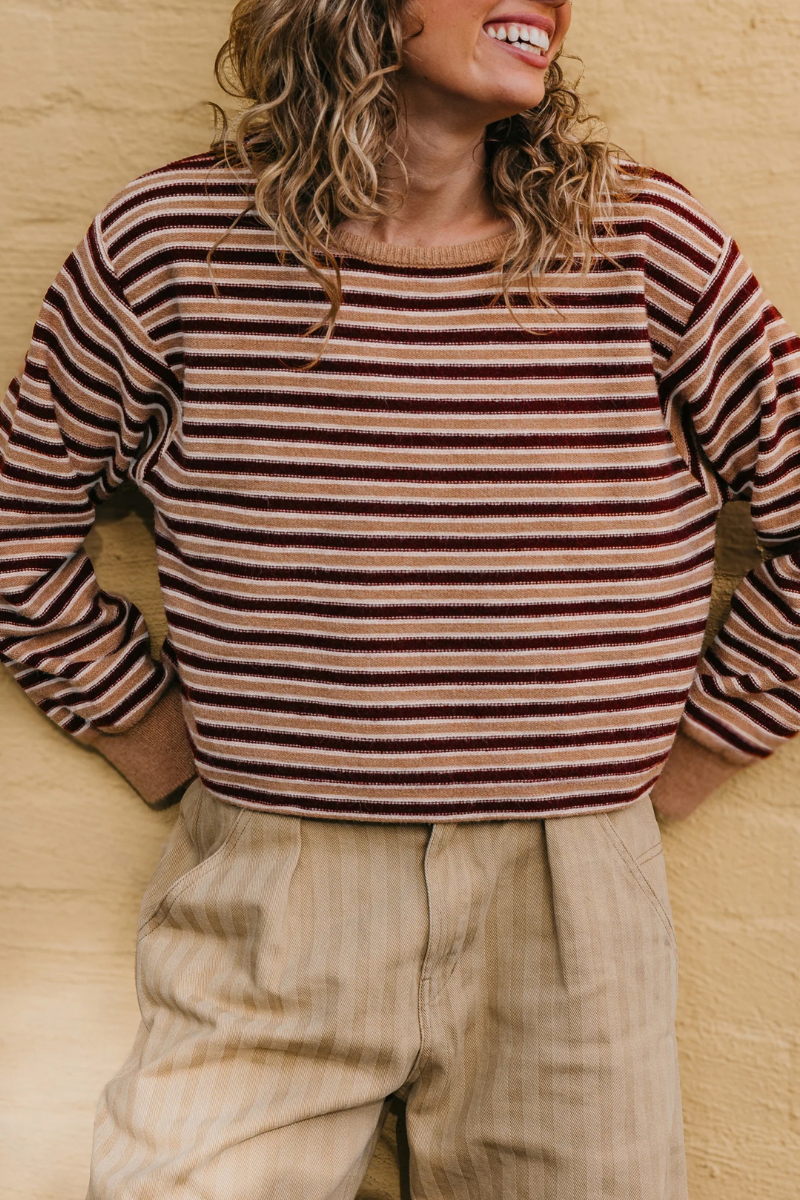 Women's Fall/Winter Striped Crew Neck Cropped Knit Sweater