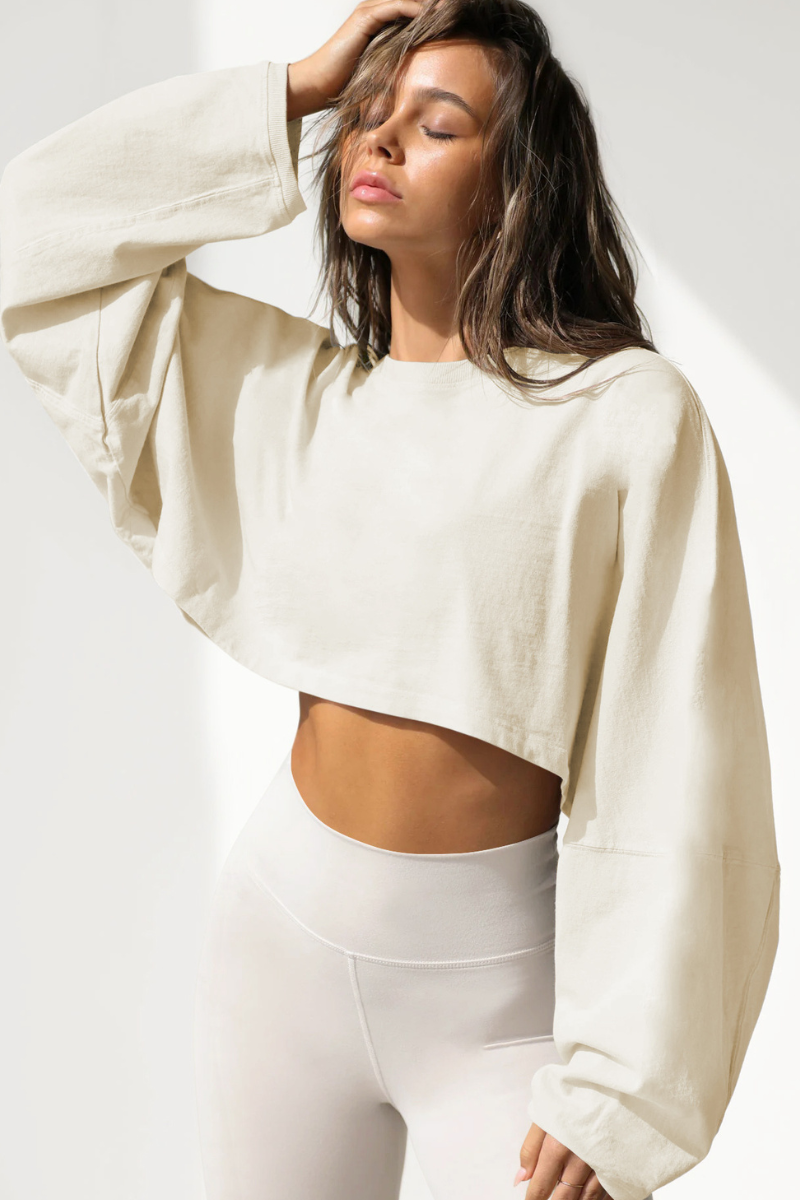 Women's Fall Cropped Drop Shoulder Relaxed Long Sleeve Top