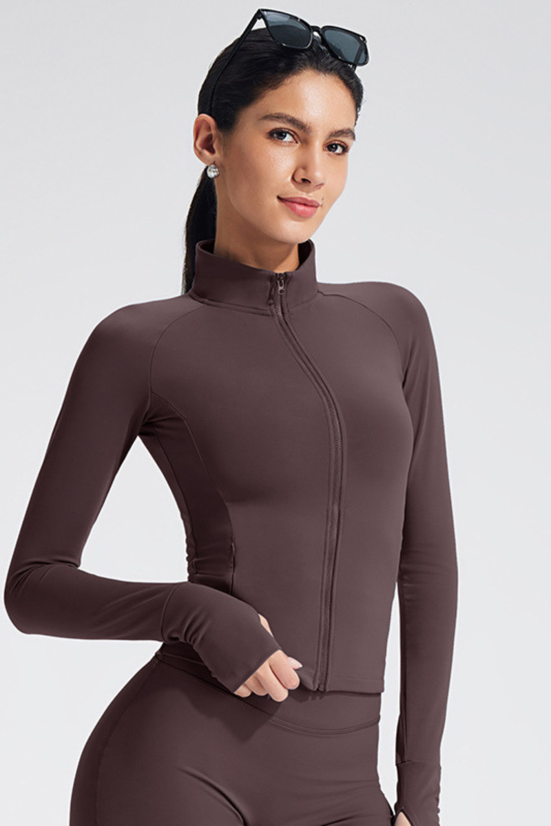 Women's Zip-Up Stand Collar Thumb Hole Workout Sports Jacket