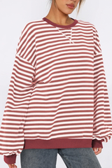 Women Fall Contrast Striped Lantern Sleeve Loose Sweatshirt
