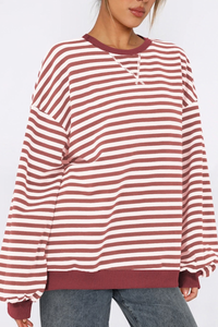 Women Fall Contrast Striped Lantern Sleeve Loose Sweatshirt