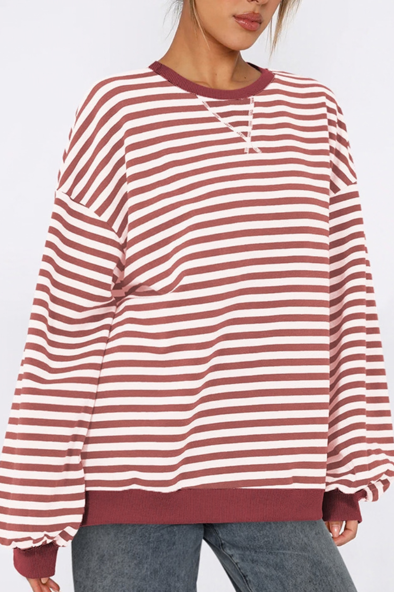 Women Fall Contrast Striped Lantern Sleeve Loose Sweatshirt