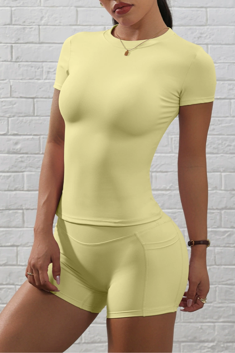 Women's Short Sleeve And Pocket Shorts Yoga Set