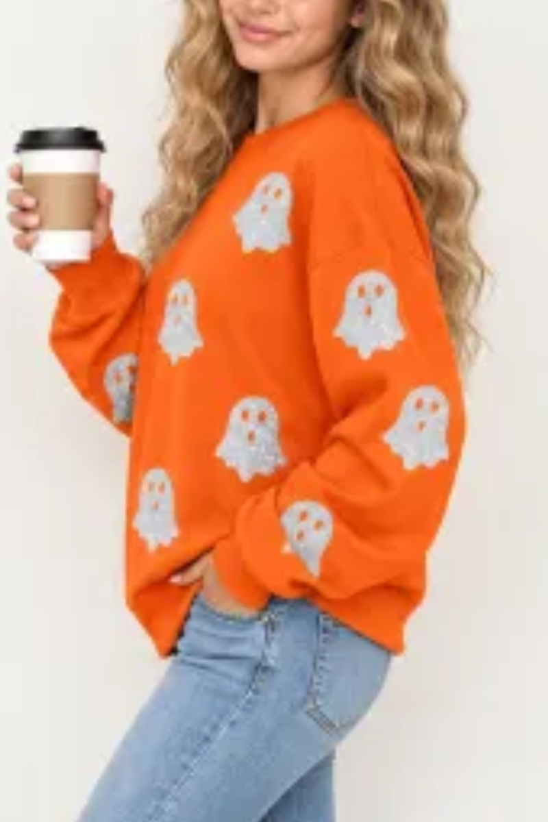 Women's Fall Halloween Ghost Glitter Print Sweatshirt