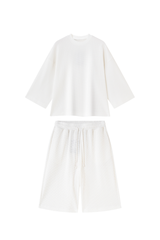 Unisex Waffle Knit Set:Loose Fit T-shirt &Knee Length Shorts