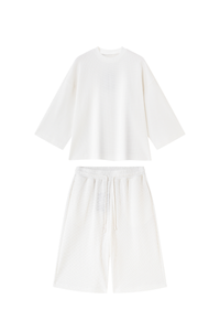 Unisex Waffle Knit Set:Loose Fit T-shirt &Knee Length Shorts