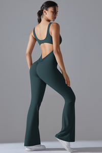 Women's U-neck Pleated Buttocks Lift Flared Pants Jumpsuit