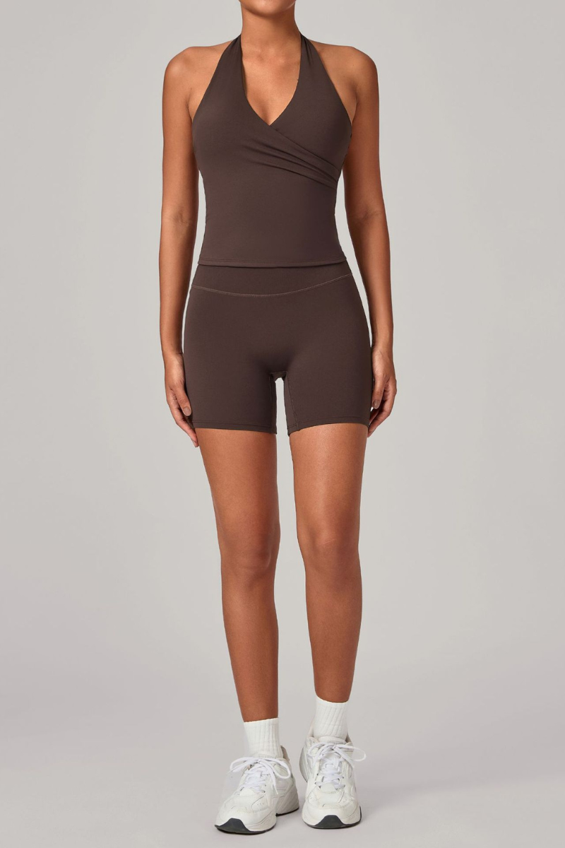 Women's Athletic Set:Halterneck Pleated V-neck Bra & Shorts