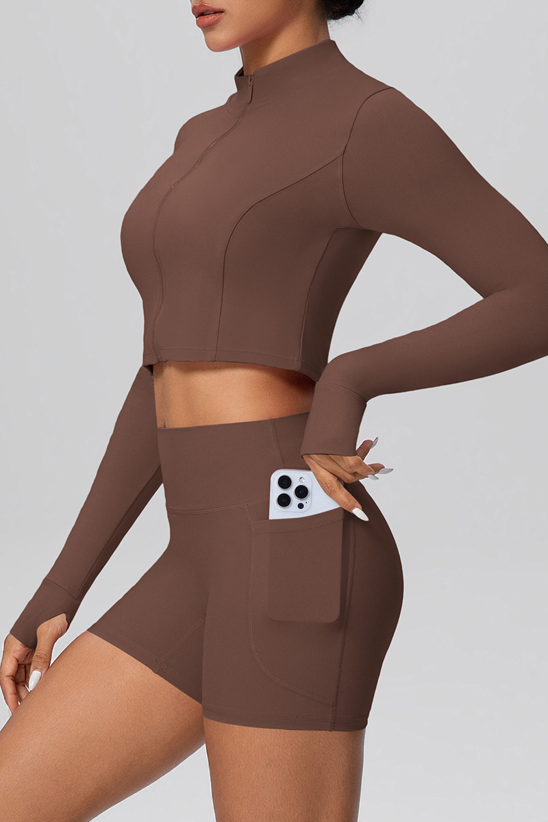 Women's Sport Set:Mock Neck Jacket And Side Pocket Shorts