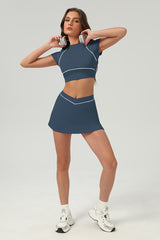 Women Urban Quick-Dry Color-Block Short-Sleeve Tennis Yoga Set With Slimming Skirt