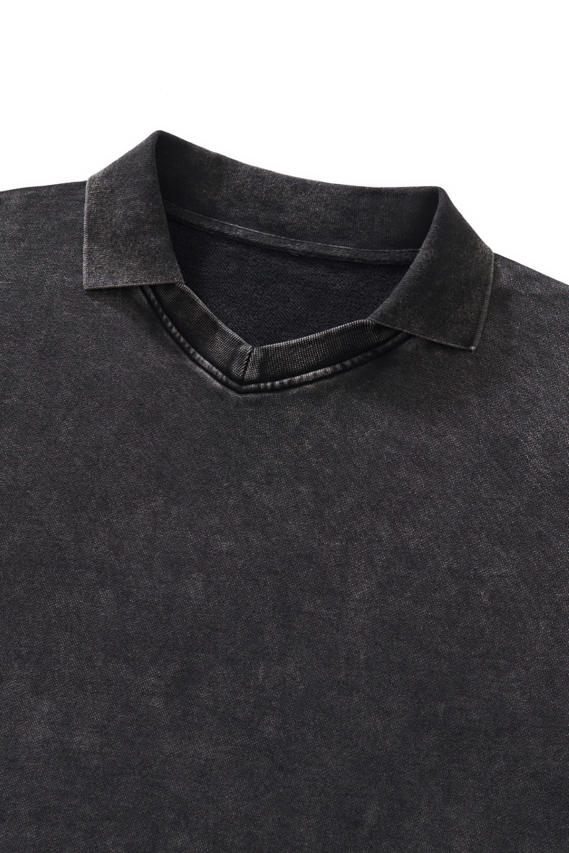 Unisex Fall 100% Cotton Washed Boxy V-Neck Polo Sweatshirt