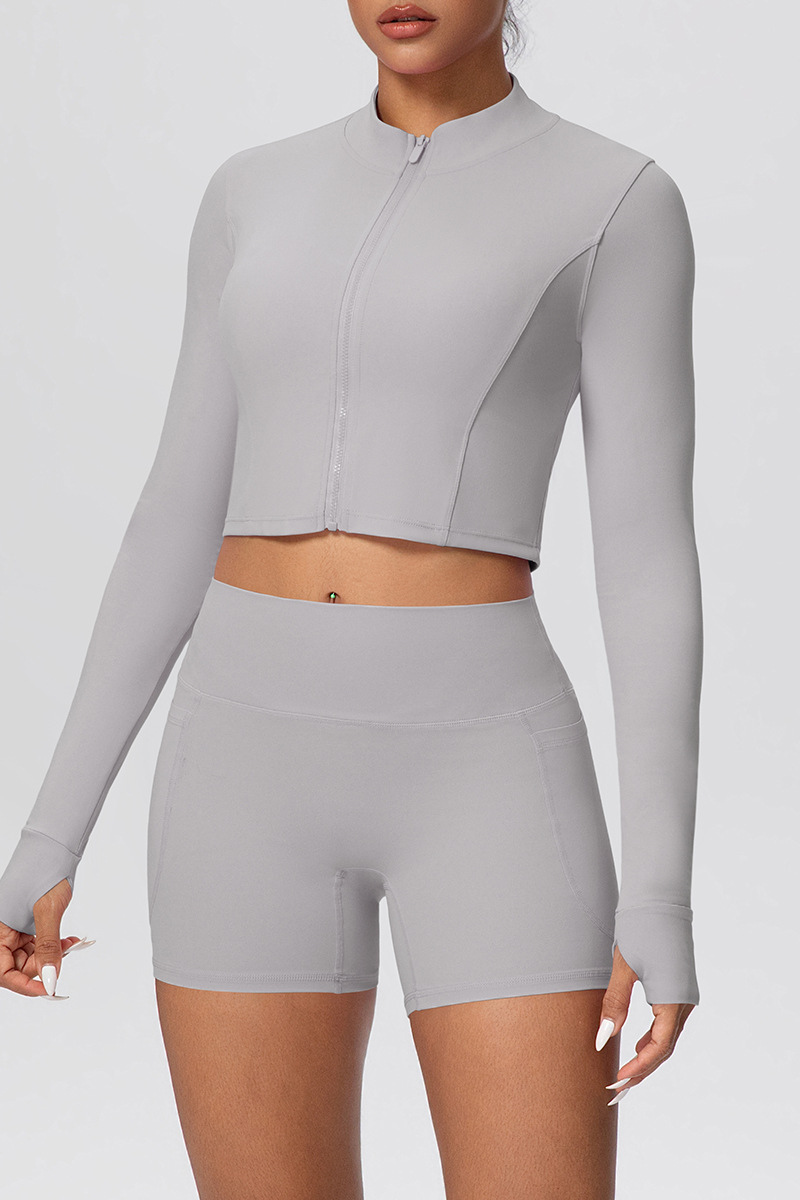 Women's Two Piece Set:Stand Collar Cropped Jacket And Shorts