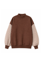 Women's Fall Gingham Spliced Oversize Mock Neck Sweatshirt