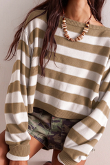 Women's Winter Boat Neck Boho Striped Cropped Knit Sweater