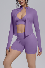 Women's Seamless Bra&Stand Collar Jacket &Shorts 3 Piece Set